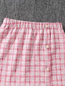 Left Mama Girls' Elegant Sweet Plaid Long Sleeve Jacket, White Camisole Top And Skirt Set, Spring/Autumn - Pink - View 8