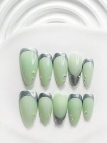 10片裝軟嫩清新手工穿戴甲，Poly Gel美甲套組，線條圖案綠色指甲油，酷帥前衛風格，附美甲工具，3種尺寸可選：方形、短方形、杏仁形，適合派對、跳舞、日常配戴 - 彩色 - 查看 14