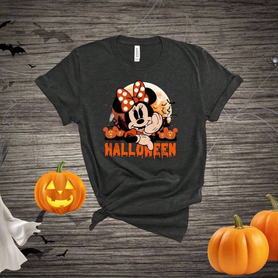 Disney Minnie Mouse Halloween Graphic Tee, Spooky Minnie With Pumpkins Casual T-Shirt, Fall Disney Character Top - 黑色 - 查看 1