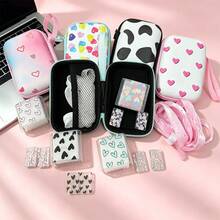6pcs Colorful Heart/Cow Print Hard Shell Cable Organizer Set, Includes Storage Bag/Charging Case/Cable Clip/Pleated Chiffon Cable/Cable Protector, With Carrying Strap Ultra Portable, Used For CCD, Charger, Data Cable Partitioned Storage, Easy To Find Things When Going Out, No More Messy Bag - Multicolor - View 2