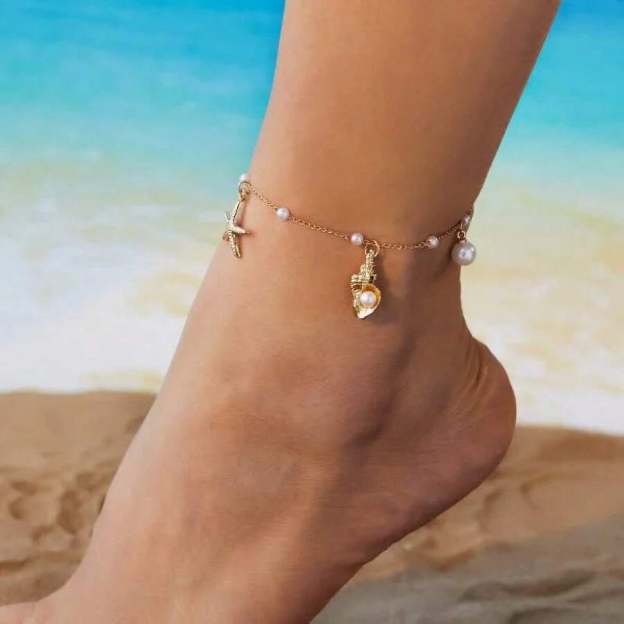 Women's Starfish Shell Anklets, Bohemian Ankle Bracelet, Rice Bead Leg Bracelet, Handmade Foot Chain, Bohemian Jewelry, Sandals, Gift - AK25Y0059 - View 1