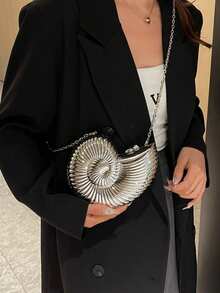 Elegante bolso de mano con forma de concha para fiestas, bolso con diseño único de concha, bolso de noche brillante para mujer con correa de cadena para hombro/cruzado, puede contener auriculares, monedas, billetera elegante con forma de concha, perfecto para fiestas, bodas, eventos nocturnos y banquetes, se puede combinar con vestidos de novia, vestidos formales, vestidos de gala, atuendos de cumpleaños y ropa de fiesta para mujer. - Plateado - Ver 3
