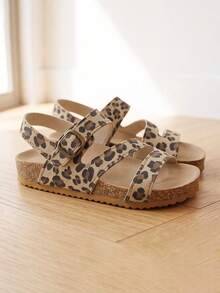 Best-Selling 3-12 Years Girls Leopard Print Sandals, Brown & Beige Leopard Pattern, Metal Buckle, Fashionable Vintage Style - Brown - View 4