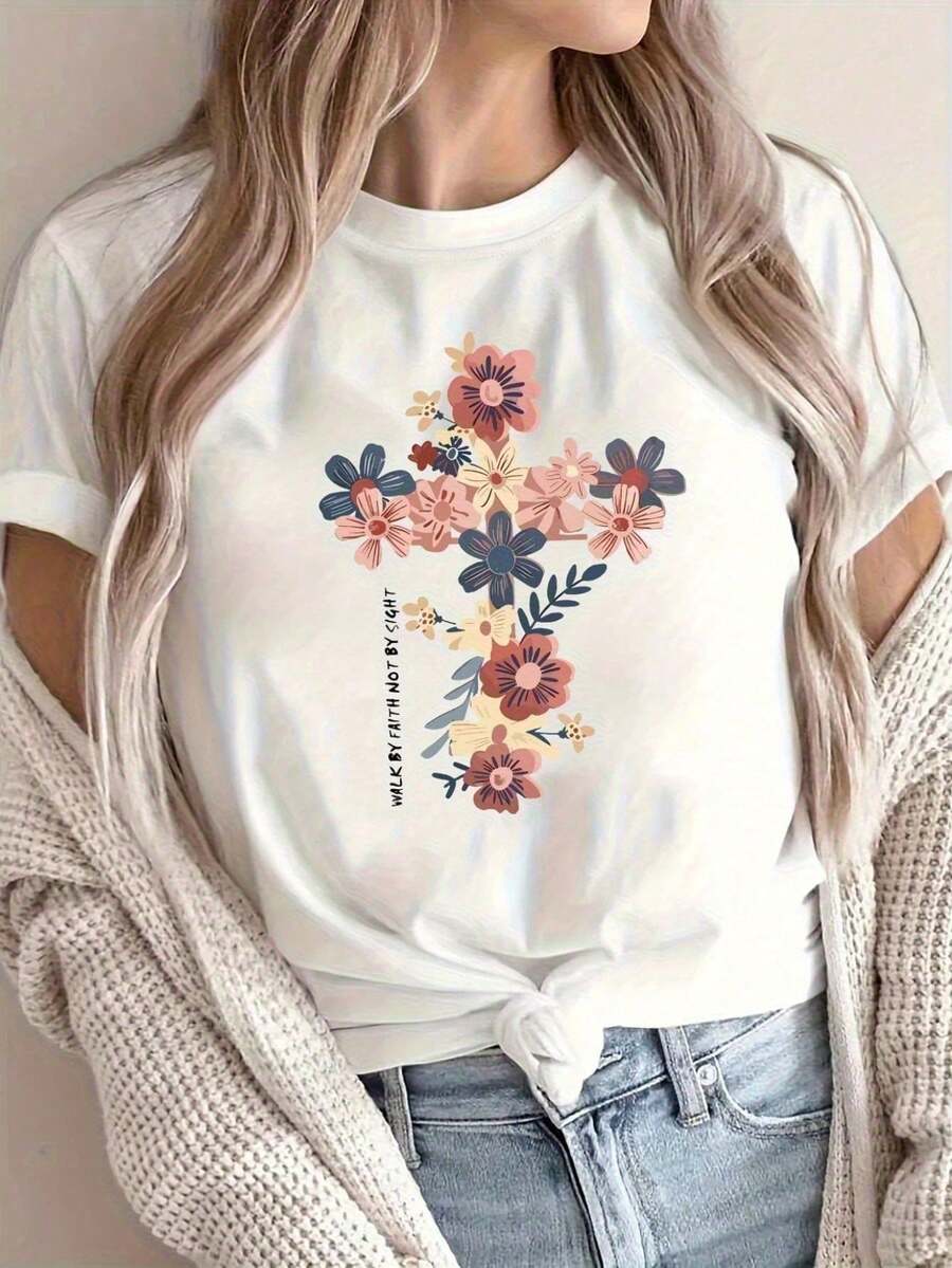 Fashionable Women's T-Shirt With Double-Sided Anime Letter Print - Short Sleeve T-Shirt, Round Neck, Comfortable And Casual, 100% Cotton. - 白色 - 查看 1