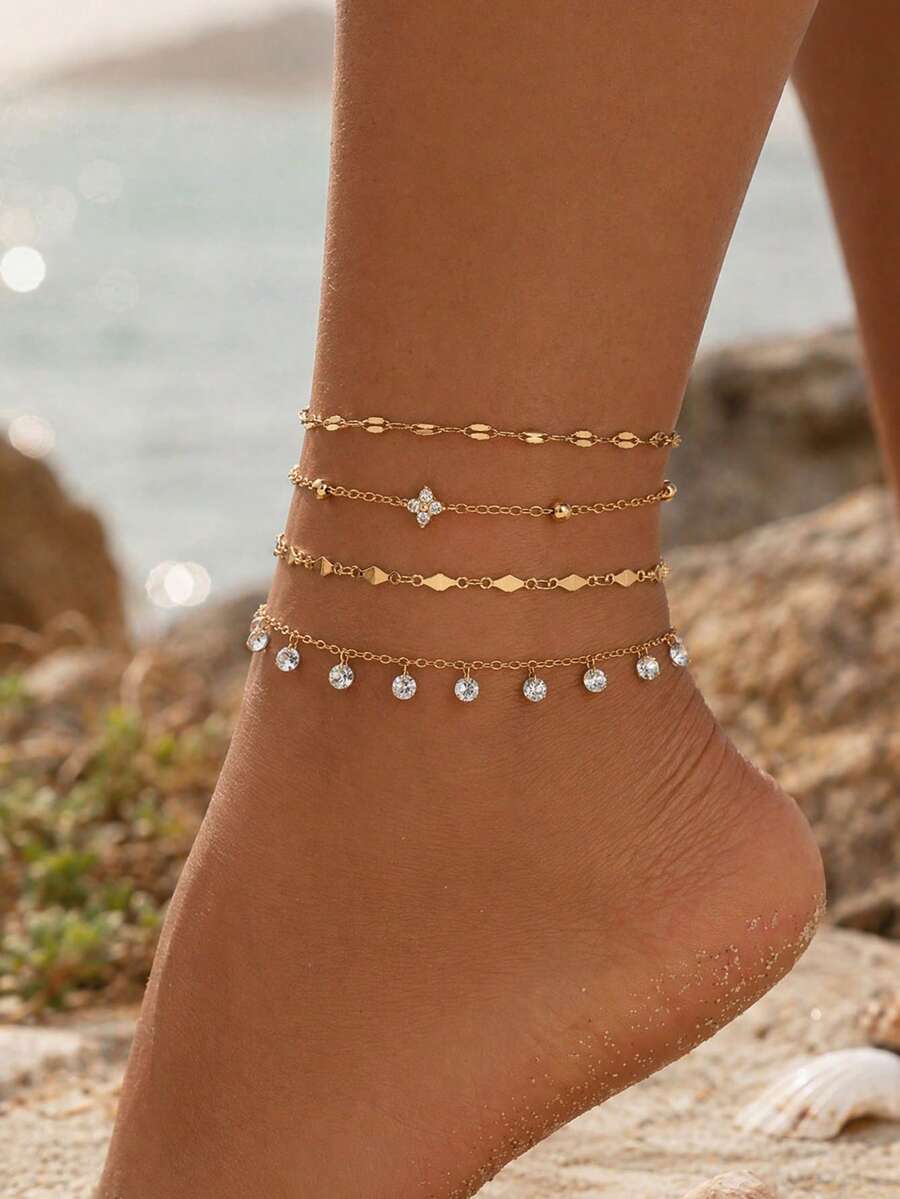 4pcs/Set Minimalist Versatile Women's Foot Jewelry Rhinestone Tassel Decor Gold Color Chain Anklets Fashion All-Match Style Multi-Layer Stackable Anklets Suitable For Daily Wear, Photos, Dates And Vacations, Chain Length Cut By Sections, Number Of Links Not Fixed - Multicolor - View 1