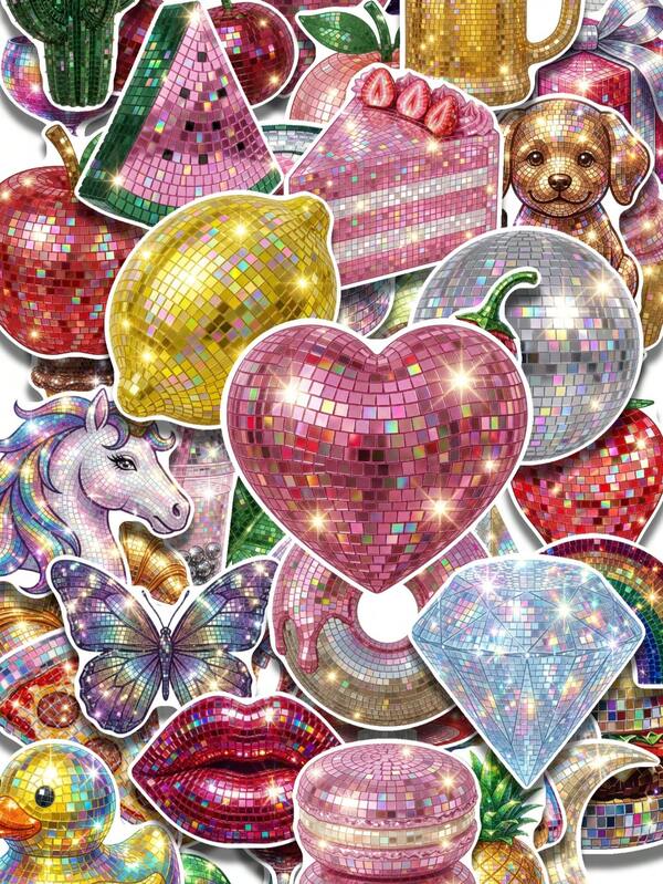 50Pcs "Disco Sparkle Vibes" Aesthetic Stickers, Bright Rainbow Tone Mirror Ball Illustrations Decals, Suitable For Collage Art, Gift Box Embellishment & Holiday Craft Supplies
