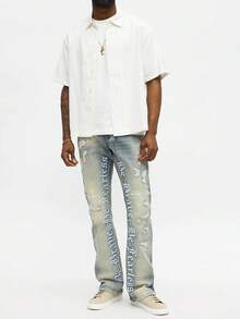 Celana Jeans Flare Bordir, Celana Jeans Flare Slim Fit Pria dengan Bordir Huruf, Celana Flare Sobek, Jeans Tumpuk Gaya Y2K, Jeans Bordir dengan Warna Kontras, Cocok untuk Semua Musim - Biru - View 2