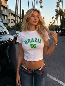 Women's White Brazil Flag Cropped Short Sleeve Round Neck T-Shirt, Perfect Choice For Summer Outfits - White - View 2
