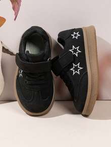 Children's Retro Style Sneakers Star Embroidery + Hook And Loop Design Easy To Put On And Take Off - Black - View 1