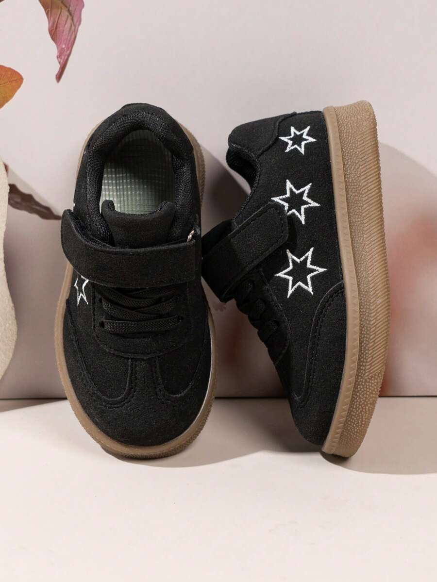 Children's Retro Style Sneakers Star Embroidery + Hook And Loop Design Easy To Put On And Take Off - Black - View 1