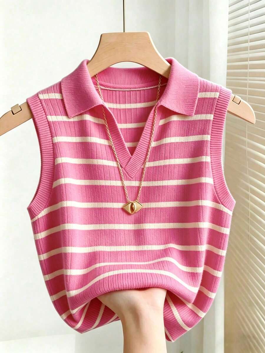 Camiseta de tirantes de punto con cuello y rayas elegante y casual para mujer - Rosa Fucsia - Ver 1