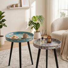 Round Side Table With Tray Top, Bohemian Print, Moroccan Style, Multi-Functional Outdoor Tray Table For Coffee-Tea-Snacks, Base Drink Table, Aesthetic Decorative Nightstand For Living Room, Bedroom, Corner, Home Bedside Coffee Table/Side Table - A - View 9
