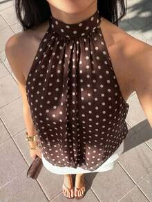 女款度假波點圖案時尚上衣 夏季棕色 - 棕色 - 查看 4