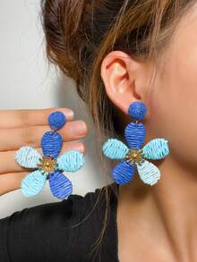 imoli 1 Pair/Fashion Bohemian Color Vacation Gradient Multicolor Handmade Raffia Flower Five-Petal Earrings Suitable For Women's Summer Beach Party Jewelry Gift - Multicolor - View 3