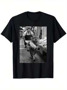 Men's One-Shirt With A Humorous Design Featuring A Cat Flying A Fish, Perfect For A Casual Outdoor Outfit. - Black - View 1