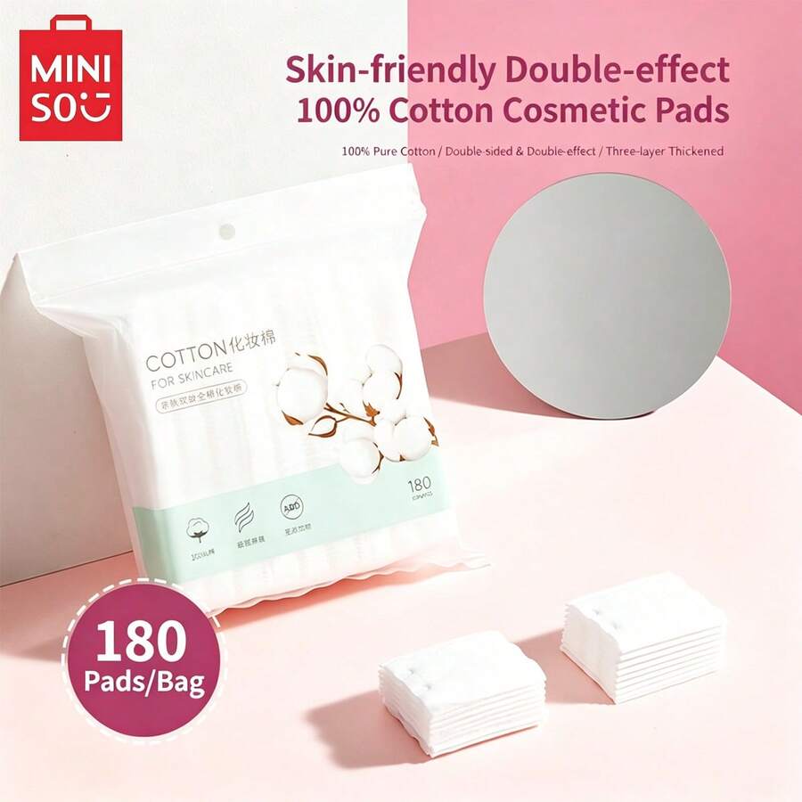 MINISO-180片純棉臉部化妝棉 柔軟卸妝與化妝水浸泡棉 袋裝,適用於臉部清潔與保濕,化妝必備 - 180片 - 查看 1