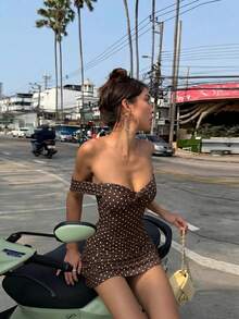 Top Dazzle Women's Sexy Polka Dot Short Sleeve Off-Shoulder A-Line Mini Dress, Backless Knit Fabric Party Sun Dress - Brown - View 2