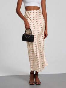 Se-Helo Women's Fashion All-Season Elastic Satin Texture Satin Midi Skirt Vacation - Red Polka Dots - View 5