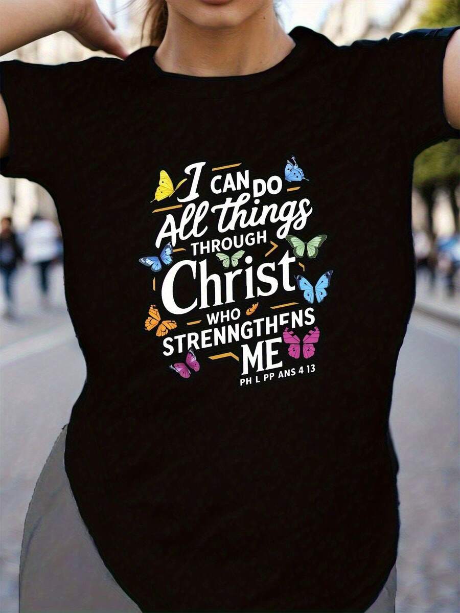 Camiseta de Fe Cristiana para Mujer con Versículo Bíblico Filipenses 4:13 - Todo Puedo en Aquel que Me Fortalece, Diseño Multicolor y Escritura, Ropa Casual Iglesia, Prendas Religiosas Inspi - Negro - Ver 1