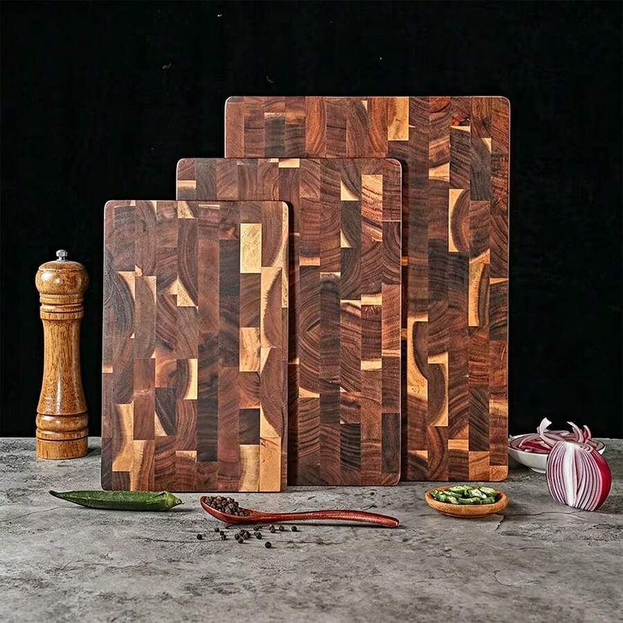 1pc Acacia Wood End Grain Cutting Board, 3 Sizes (S/M/L) Available, Thickened Butcher Block, Knife-Friendly Durable Kitchen Prep Board, Meat/Vegetable/Fruit - Coffee Brown - View 1