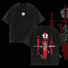 Edición Limitada Espada Asta - Camiseta Oversize Ligera con Lavado Ácido del Anime Black Clover con Doble Estampado, Regalo para Amantes del Anime - Blanco - Ver 1