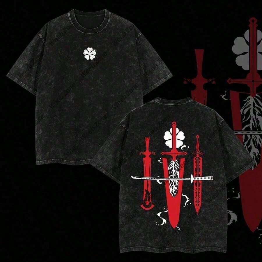 Edición Limitada Espada Asta - Camiseta Oversize Ligera con Lavado Ácido del Anime Black Clover con Doble Estampado, Regalo para Amantes del Anime - Blanco - Ver 1