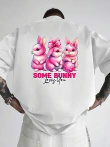 Camiseta de hombre con hombros caídos, con diseño de doble cara de tres conejos y un conejo de Pascua, de corte holgado, ropa de hombre de estilo moderno y actual, imprescindible para los ho - Blanco - Ver 1