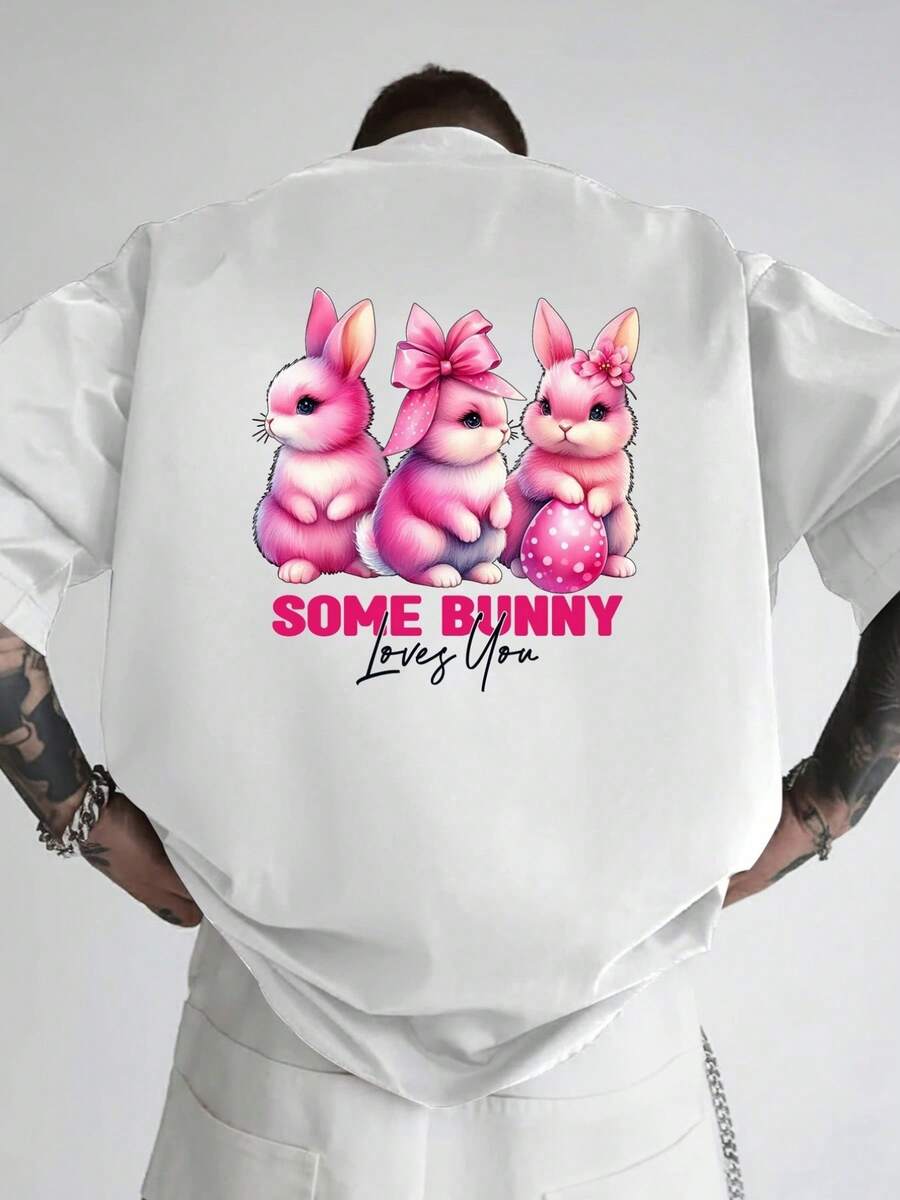 Camiseta de hombre con hombros caídos, con diseño de doble cara de tres conejos y un conejo de Pascua, de corte holgado, ropa de hombre de estilo moderno y actual, imprescindible para los ho - Blanco - Ver 1