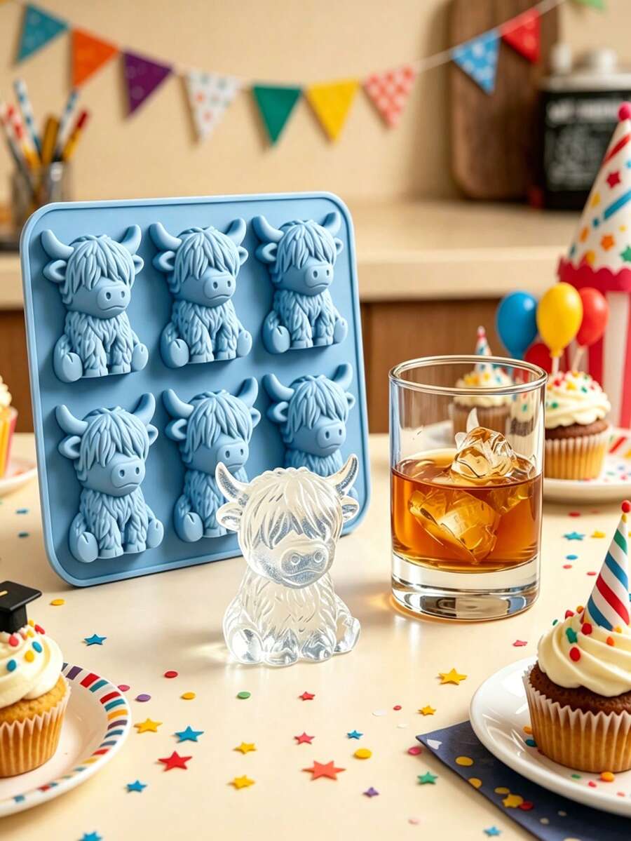 3D Highland Cow Ice Mold Tray, Silicone Mini Cow Baking/Ice Cube Mold - Cute Animal Ice Cube Maker, Suitable For Whiskey, Cocktails, Beer And Beverages, Ideal For Parties, Bars, Birthdays, Desserts, Cakes, Soft, Highland Cow - Multicolor - View 1