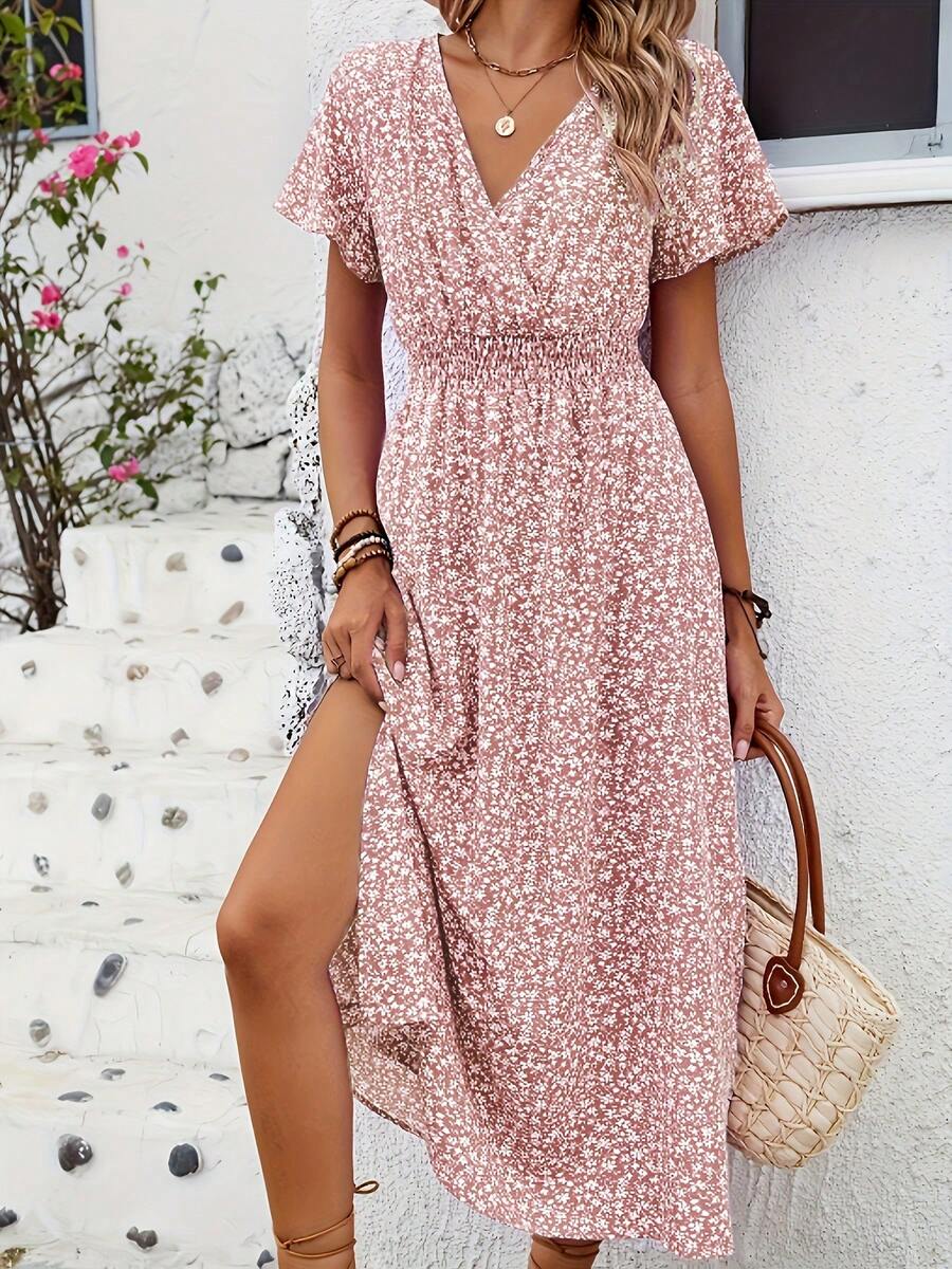 Floral Dress With Butterfly Sleeves And Leg Slit - Pink - View 1