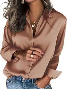 Plus Size Elegant Long Sleeve Shirt, Button Detail Design, Shirt Collar, Regular Length, Spring/Summer - Coral Pink - View 3