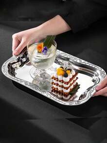 1pc Ins Retro Stainless Steel Tray, French Embossed Cake Plate, Home Tabletop Storage & Organizer Tray - View 2