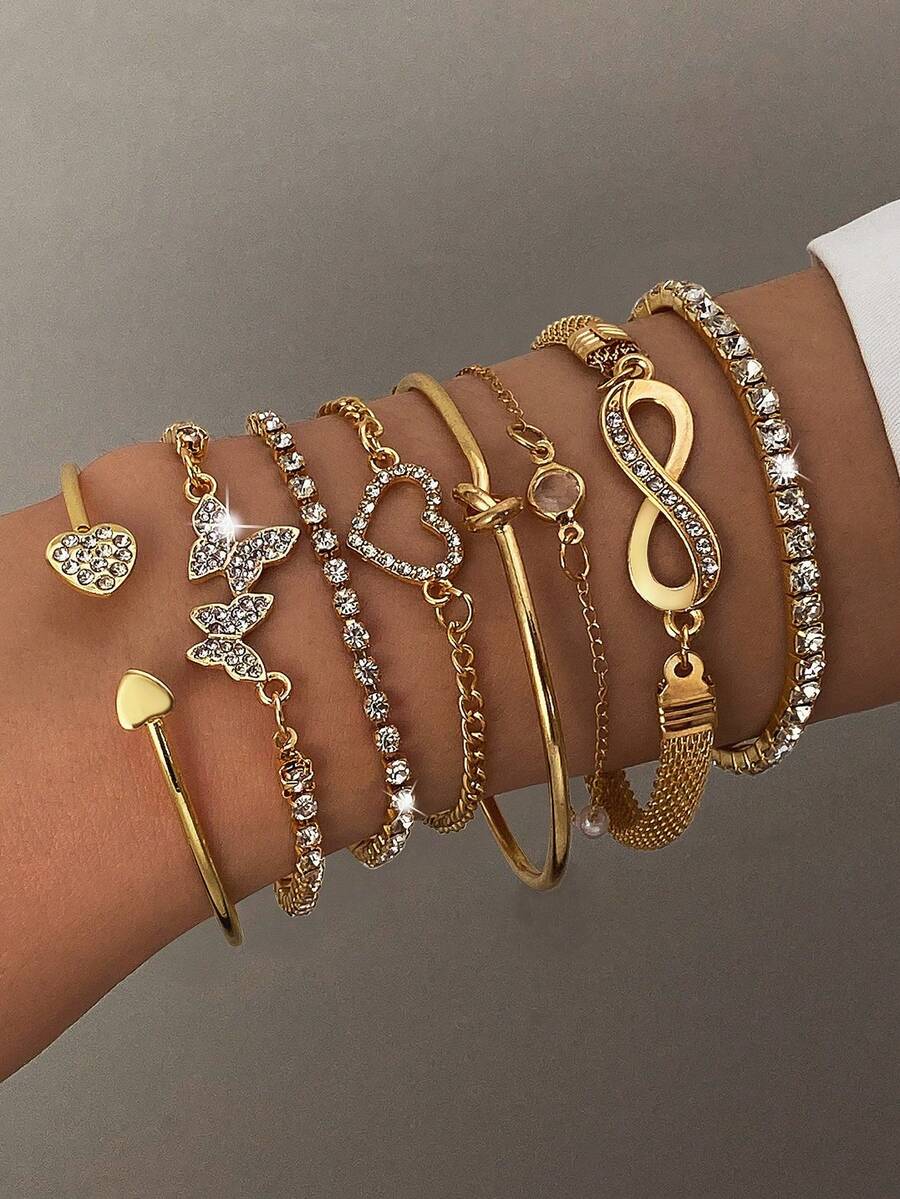 Juego de 8 pulseras de cadena de metal multicapa estilo bohemio minimalista simple para mujer - Plateado - Ver 1