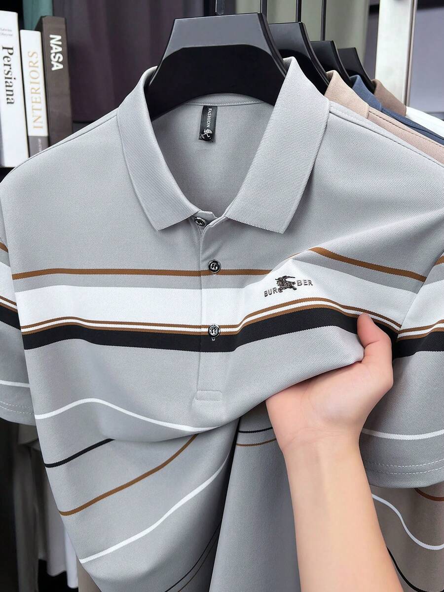 男士短袖條紋高爾夫網球 Polo 衫 - 灰色 - 查看 1