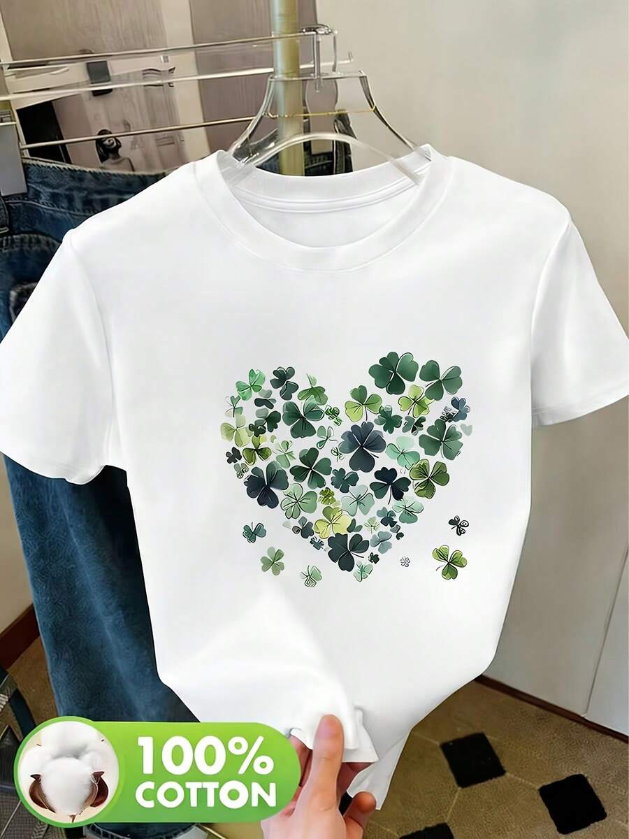 Vintage Cotton T-Shirt With Clover Pattern. Breathable And Versatile, Perfect For A Casual Or Sporty Look All Year Round. - 白色 - 查看 1