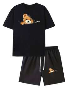 Conjunto informal de dos piezas para hombre, estampado individual, estilo primavera/verano, que incluye pantalones cortos y una camiseta. - negro+negro - Ver 3