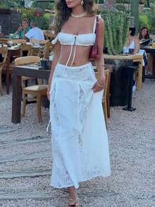 Women 2 Piece Cover Up Set Tie-Up Cami Tops And Patchwork Lace Low Rise Long Skirt For Beach Party - White - View 7