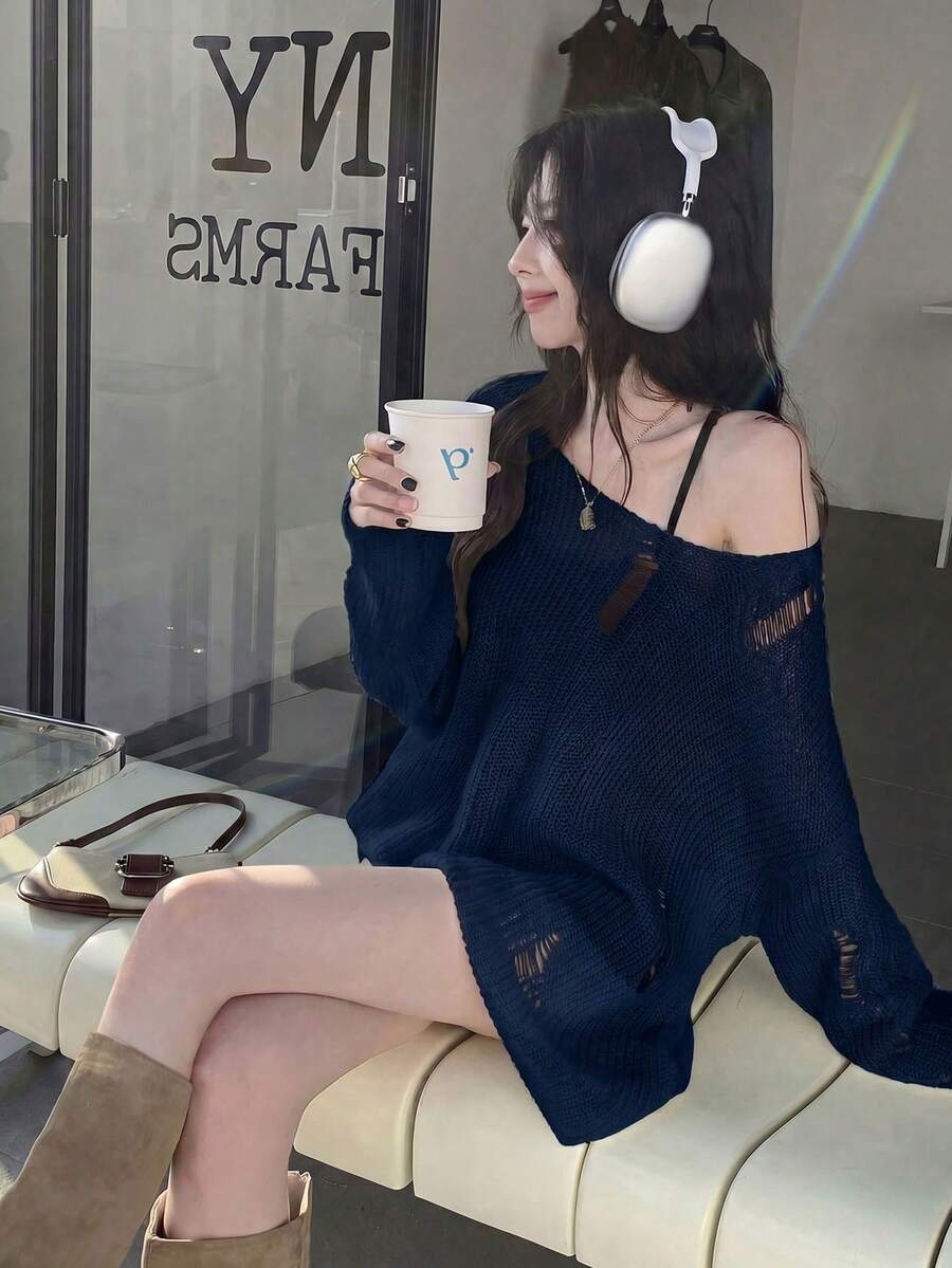 Sexy Minimalist Shoulder Cut-Out Distressed Design Pullover Sweater, Suitable For Going Out, Dates, Home, And Commuting, Autumn/Winter - Royal Blue - View 1