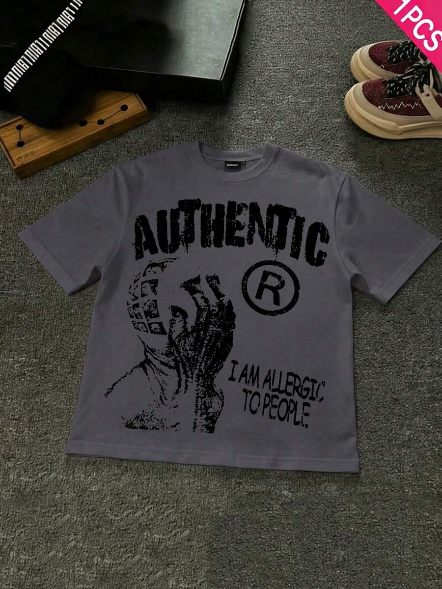 Boys & Teens' Casual Graphic Print Round Neck Short Sleeve T-Shirt, Summer Top - 深灰色 - 查看 1