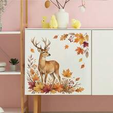 1pc Watercolor Deer Looking Curiously Wall Stickers Self-Adhesive Easy Peel & Stick Matte Finish For Bedroom Cabinet Decoration With Autumn Maple Leaves Oak Leaves Berries Rustic Hand Drawn Design Removable Waterproof Durable Home Art - A - View 2