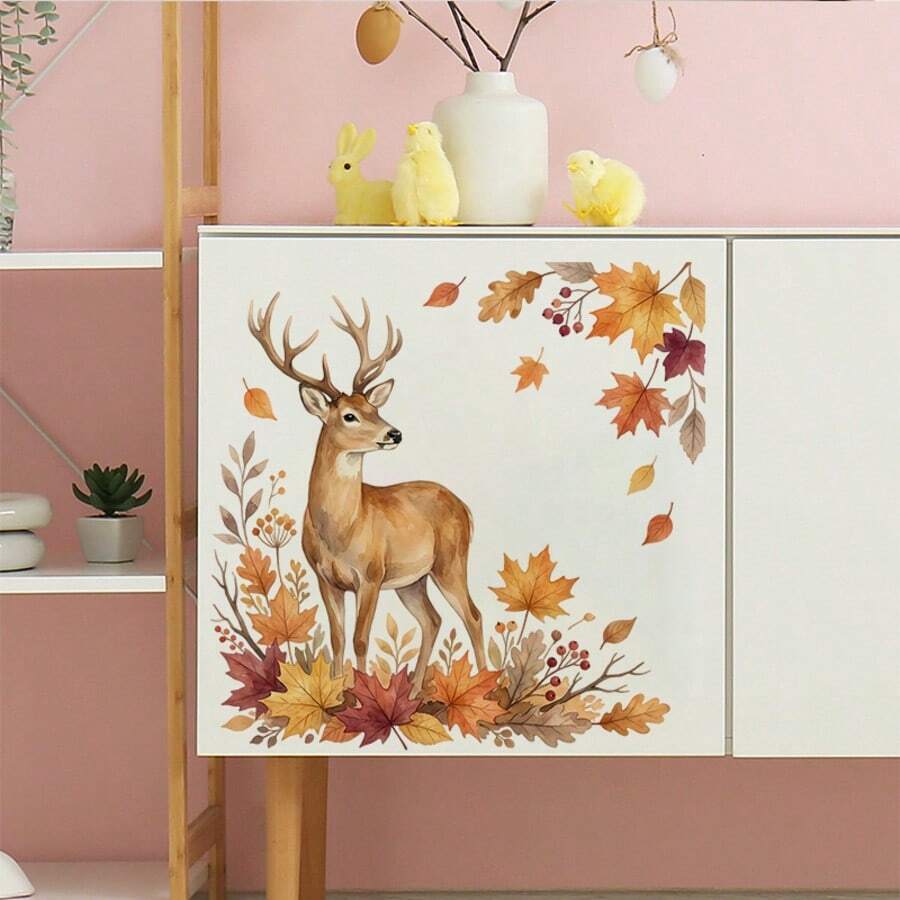 1pc Watercolor Deer Looking Curiously Wall Stickers Self-Adhesive Easy Peel & Stick Matte Finish For Bedroom Cabinet Decoration With Autumn Maple Leaves Oak Leaves Berries Rustic Hand Drawn Design Removable Waterproof Durable Home Art