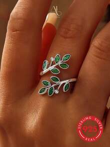 1pc Fresh Mori Style S925 Sterling Silver Marquise Green Zirconia Double Branch Intertwined Leaf Design Open Ring, Women's Workplace Commute Date Daily Gift Ring, Leaf Design With Natural Freshness, Green Zirconia Accents For Elegant And Delicate Look, Niche Artistic Souvenir - Silver - View 1