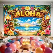Pancarta plana 2D, 1 pieza Pancarta de fondo de fiesta Aloha, Pancarta de foto de playa hawaiana con tótem tiki y flores tropicales, Decoración de fiesta de verano, Decoración del hogar, Sin necesidad de electricidad, Cumpleaños, Decoración de jardín, Arte de pared, Material de vinilo duradero, Accesorio para cabina de fotos - Multicolor - Ver 3