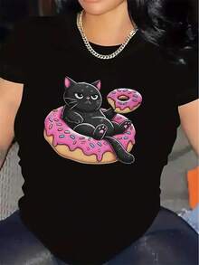 Women's Polyester T-Shirt With Cat On Donut Design, Ideal For Casual Wear In Restaurants Or Living Rooms, Durable And Comfortable Fabric, Perfect Gift For Animal Lovers, Lightweight - 白色 - 查看 7