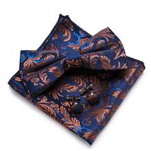 Gold Vintage Floral Design Men's Bow Tie, Pocket Square & Cufflinks 3-Piece Set, Perfect For Tuxedo And Formal Wear, Suitable For Formal Dinner, Wedding - Color Mixing - View 12