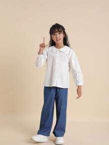 Camisa blanca de manga larga con bordado de oso para niñas, primavera - Blanco - Ver 2