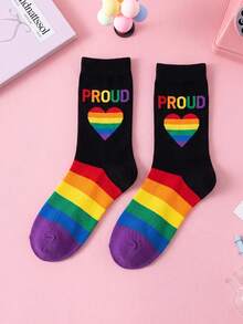 1/3 pares de calcetines negros de orgullo LGBTQ hasta media pantorrilla, con estampado de letras en degradado arcoíris, puño a rayas, calcetines de tripulación de punto casual para ropa de calle - Multicolor - Ver 9