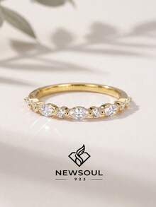 1pc 925 Sterling Silver 1.5-2mm Round Cut Wedding Band Ring, Half Eternity Ring, Half Pave Diamond Embedded, Stackable - Gold - View 3