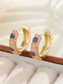 1 Pair Fashion Copper Floral Pattern Hoop Earrings For Women And Girls - Pink - View 1