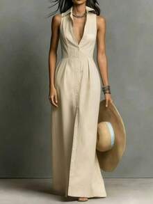 Robe chemise sans manches à col en V de couleur unie pour femmes, design avec boutons devant, détail de taille plissée, ourlet fluide en A, élégante pour l'été - Nude - Voir 4